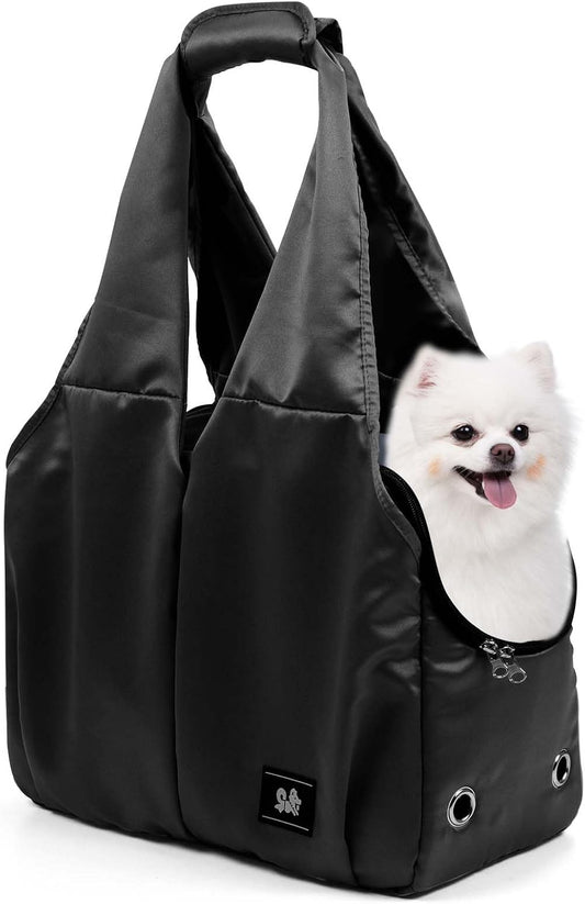 Dog Purse Carrier for Small Dogs, Cats, and Puppies – Soft-Sided Travel Pet Tote Bag with 4 Large Pockets, Foldable, Lightweight, Fits Pets up to 15 Lbs, for Travel, Outings (Black)