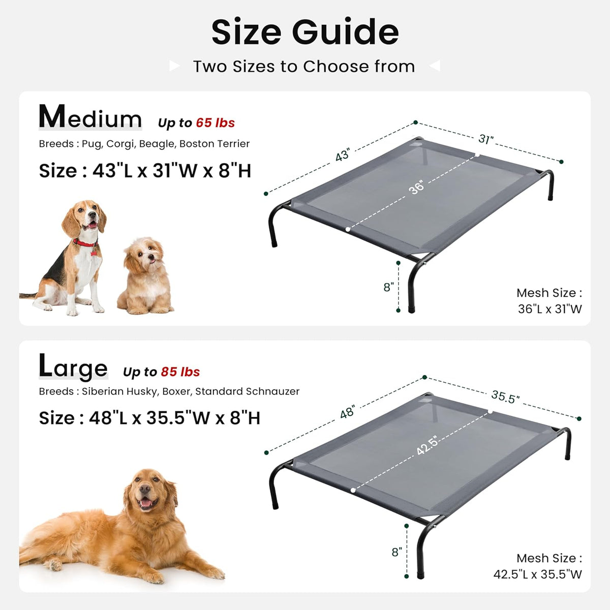 Love'S Cabin Elevated Cooling Dog Bed for Large Dogs, Portable Indoor & Outdoor Raised Pet Dog Cat Cot, Durable Summer Frame with Breathable Mesh, Grey, 48 Inches