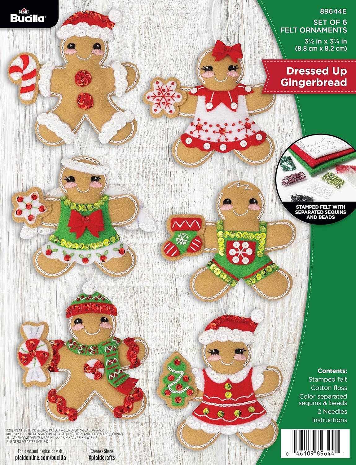 Bucilla Felt Applique 6 Piece Ornament Making Kit, Dressed up Gingerbread, Perfect for DIY Arts and Crafts, 89644E