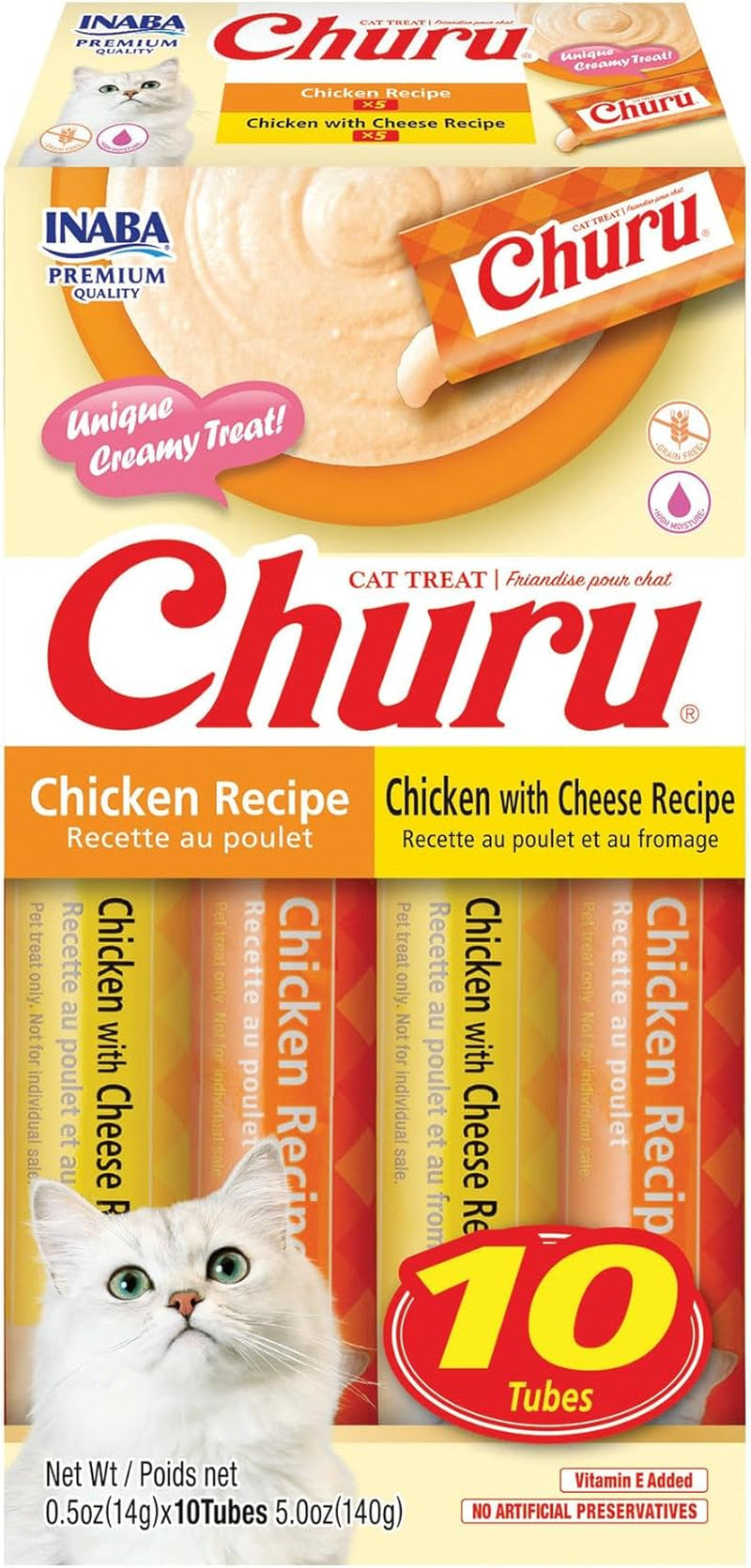 INABA Churu Cat Treats, Grain-Free Lickable Creamy Purée with Vitamin E, 0.5 Ounces per Tube, 10 Tubes Total, Chicken Variety Box