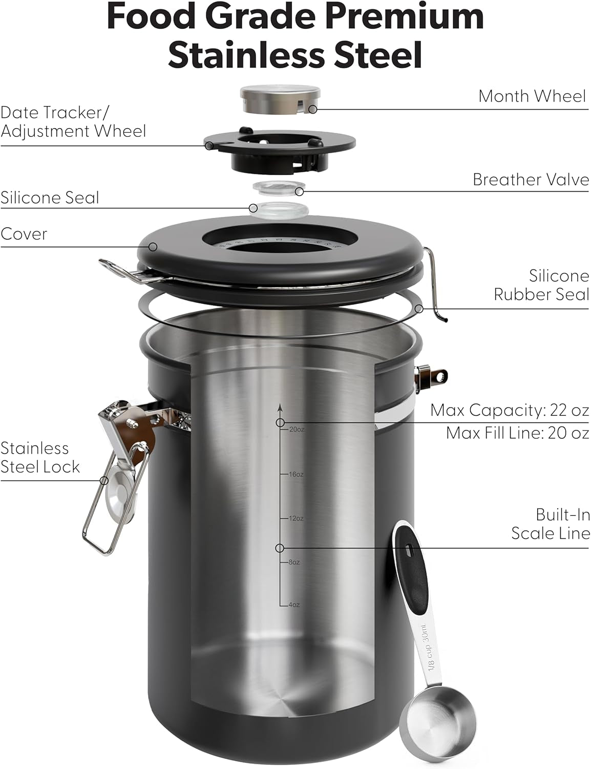 Veken Coffee Canister with Window, Airtight Stainless Steel Container, 22OZ