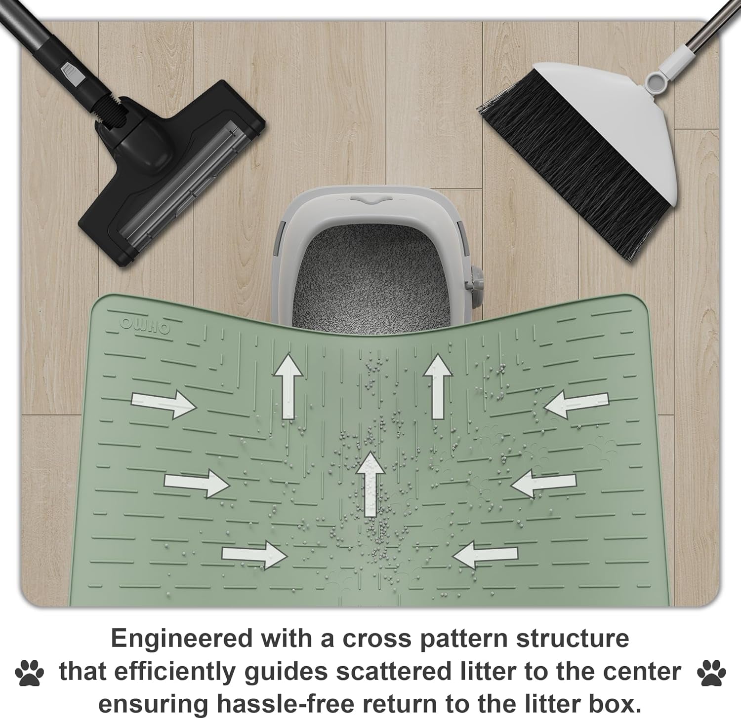 OHMO Cat Litter Mat Large Trapping Mat Premium Silicone Rubber 31.5X23.6 Sage Green, Waterproof and BPA Free Kitty Litter Box Mat, Easy to Clean and Keeps the Floor Tidy