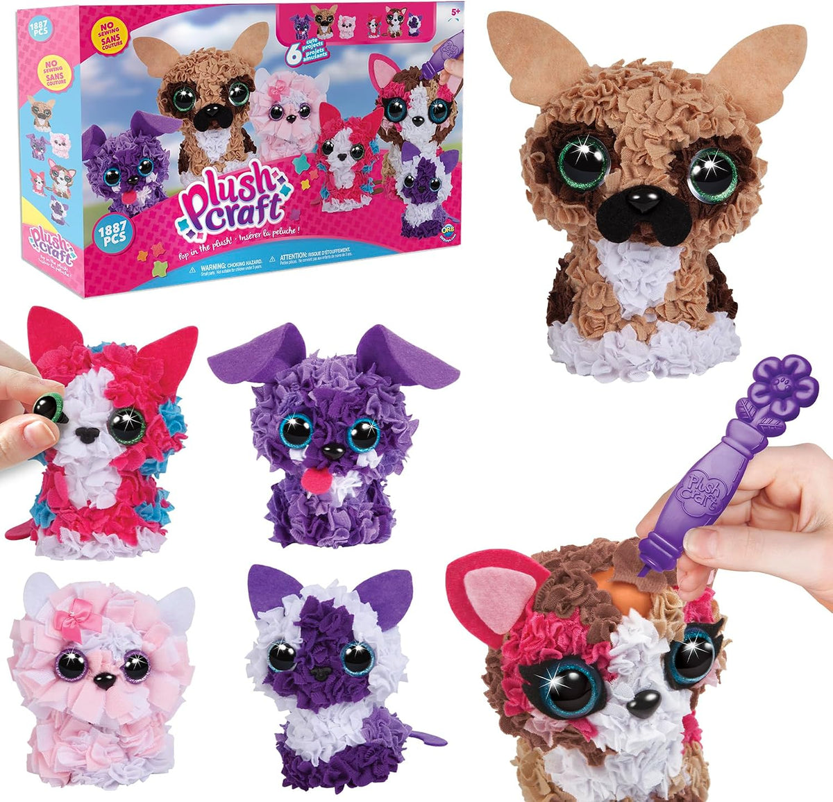 ORB Plushcraft DIY 3D Dog and Cat Gift Set 6 Pack Craft Kit - Mess Free Punch Fabric System, No Sewing Required - Includes 2 Standard Size 3D Pets and 4 Mini Pets - Fun Craft Projects for Boys, Girls