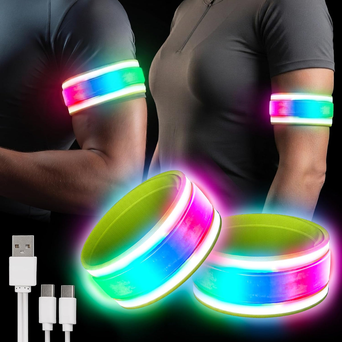 2026 Rechargeable LED Armband 2-Pack，Super Visibility Reflective Running Gear for Night Safety,6 Colors & 3 Modes Cyberpunk Accessories for Runner Night Walking, Cycling