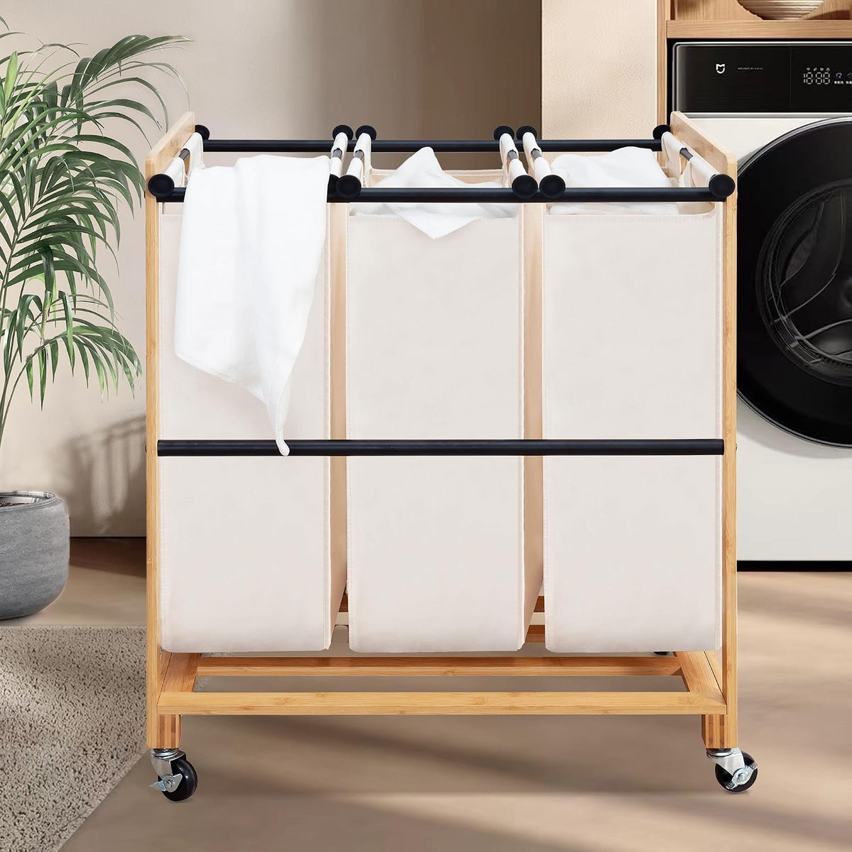 3-Section Laundry Sorter with Bamboo Frame, Rolling Laundry Hamper Cart, Removable, Washable Canvas Bags, Lockable Wheels, Large Clothes Basket for Bedroom, Laundry Room, Closet, Beige