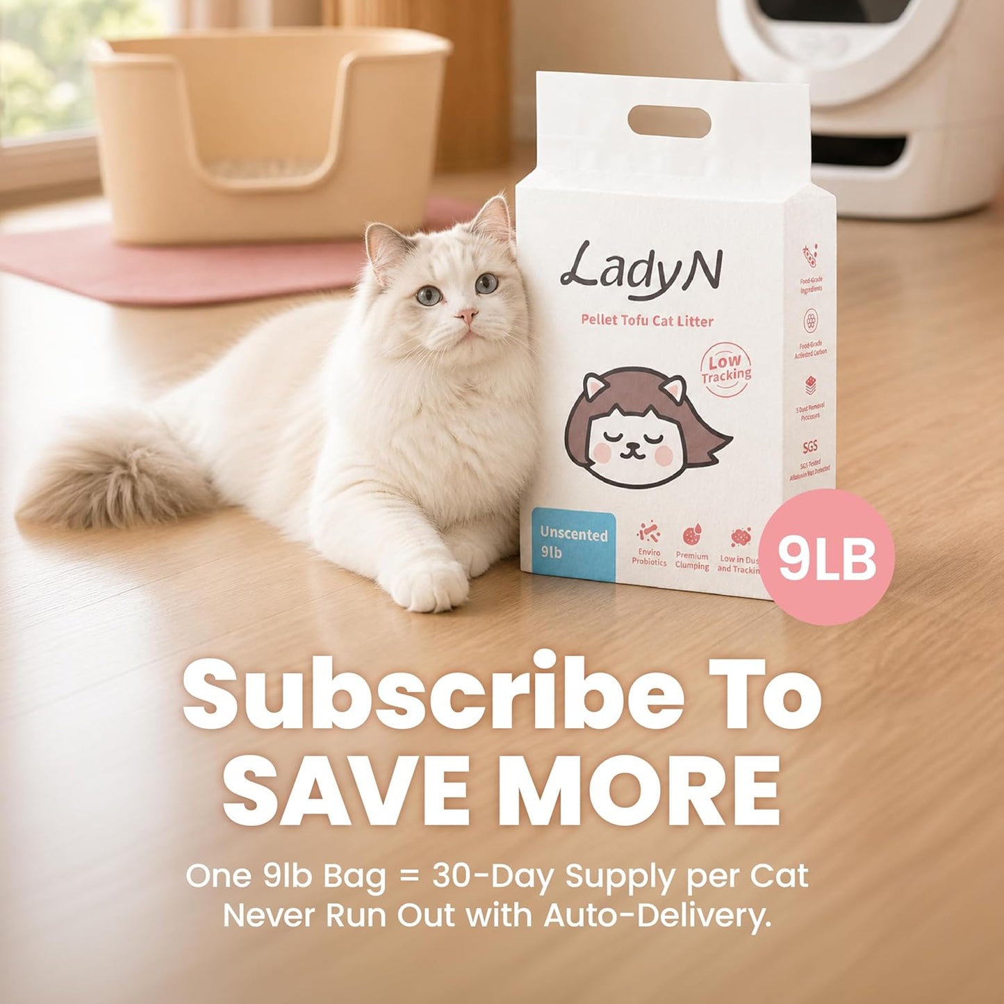 Lady N Tofu Cat Litter, Low Dust Compatible with Auto-Box Unscented 9Lb | Mini-Pellet Shape, Strong Clumping, Ultra Absorbent, Activated Charcoal Odor Control