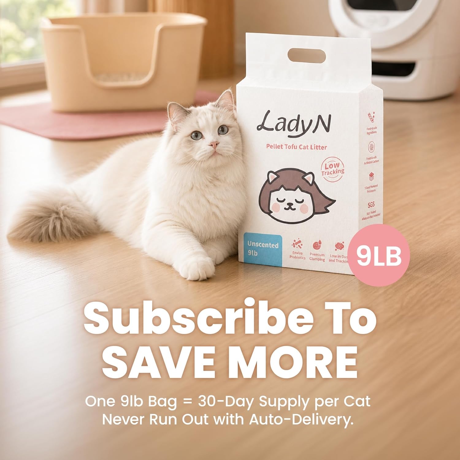 Lady N Tofu Cat Litter, Low Dust Compatible with Auto-Box Unscented 9Lb | Mini-Pellet Shape, Strong Clumping, Ultra Absorbent, Activated Charcoal Odor Control