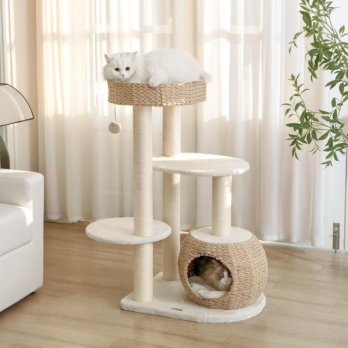 KAMABOKO Modern Cat Tree, Hand-Woven Condo & Top Perch,Cat Houses & Condos