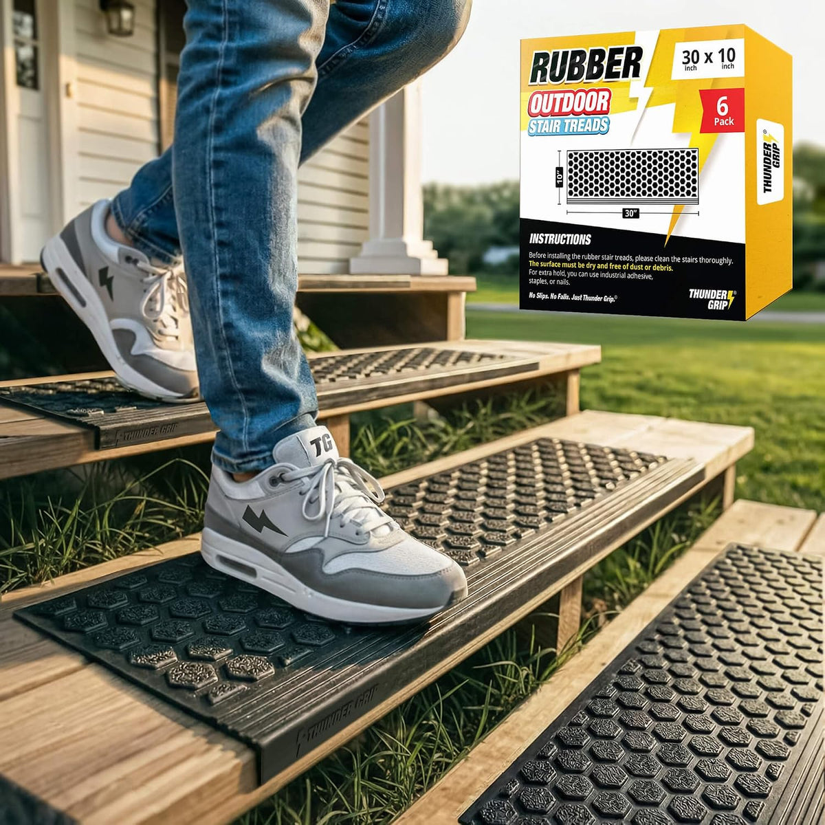 Rubber Stair Treads Outdoor 30" X 10" 6-Pack - Heavy-Duty Non-Slip Rubber