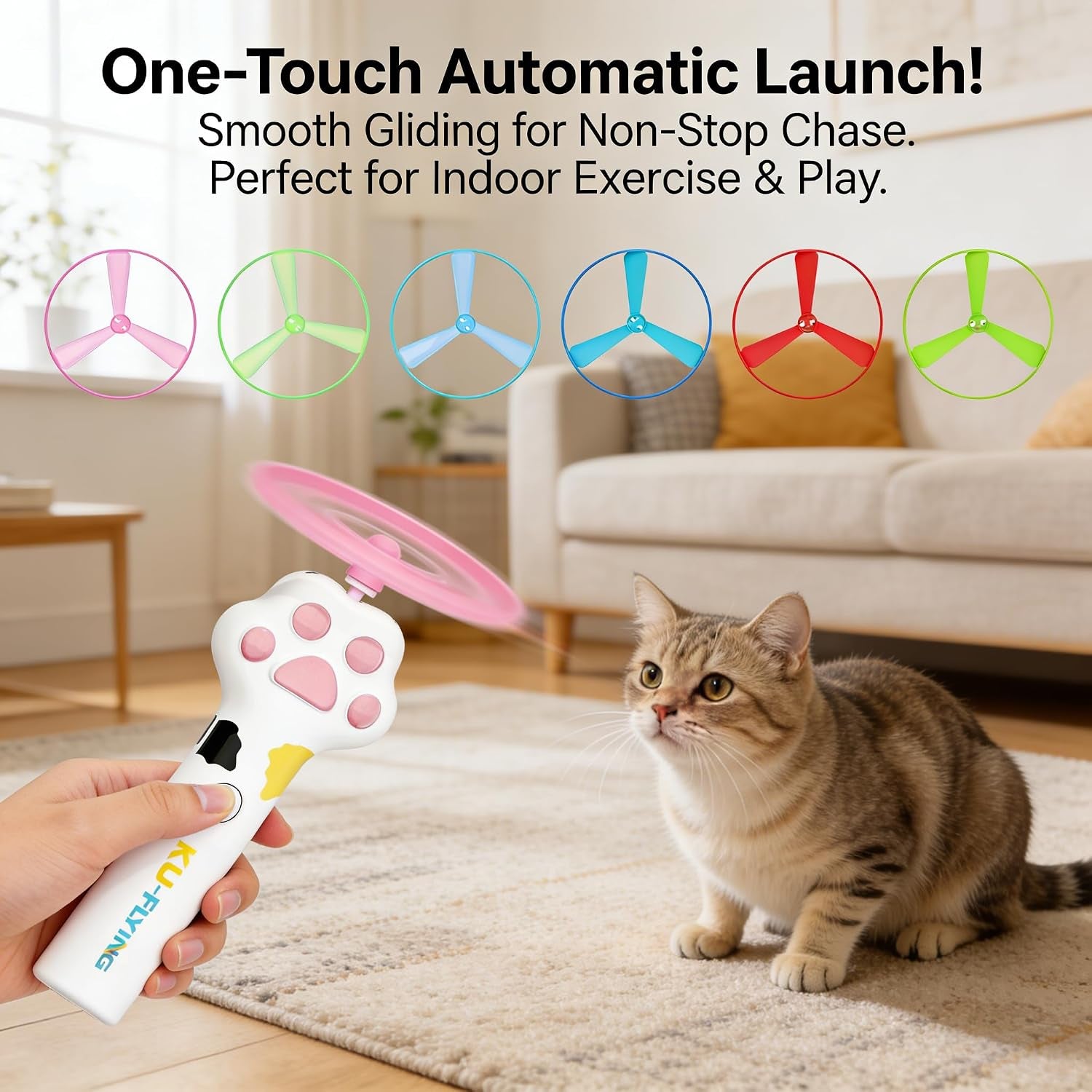 Cat Fetch Toy Launcher,Flying Disc Launcher Toy Rechargeable with 10 Flying Discs,Flying Cat Toy Disc Launcher for Kitten Dog Playing Interactive Hunting Tracking Toys for Outdoor Indoor,White