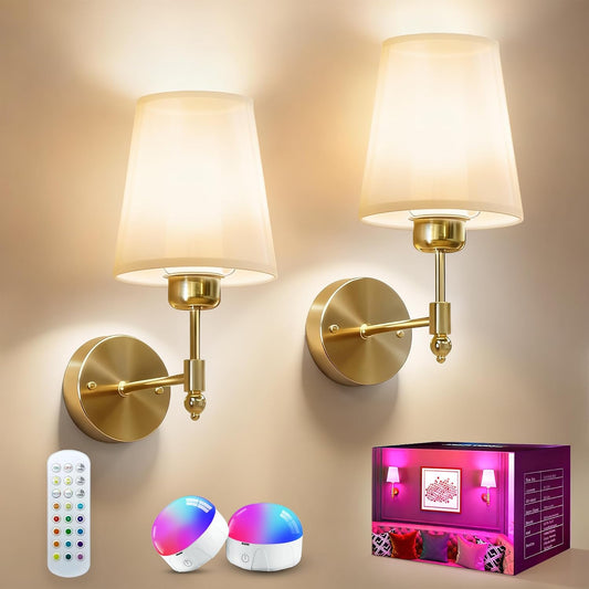Battery Operated Wall Sconce Set of Two, Wireless Rechargeable Wall Lights with 5200Mah Dimmable Bulbs and Remote,12 RGB Colors Wall Lamp for Bedroom Living Room Hallway