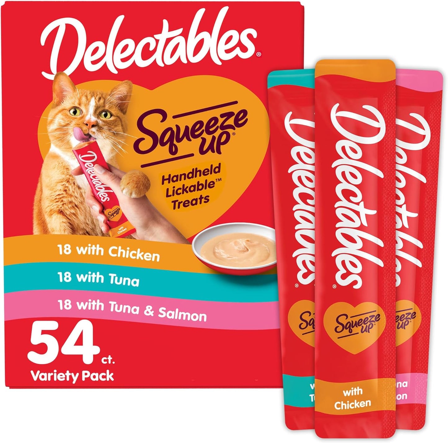 Delectables Squeeze up Variety Pack, Creamy Squeezable Puree, Lickable Wet Cat Treats, Grain Free, No Fillers, By-Products, Preservatives, 0.5 Ounces Tube, 54 Tubes Total