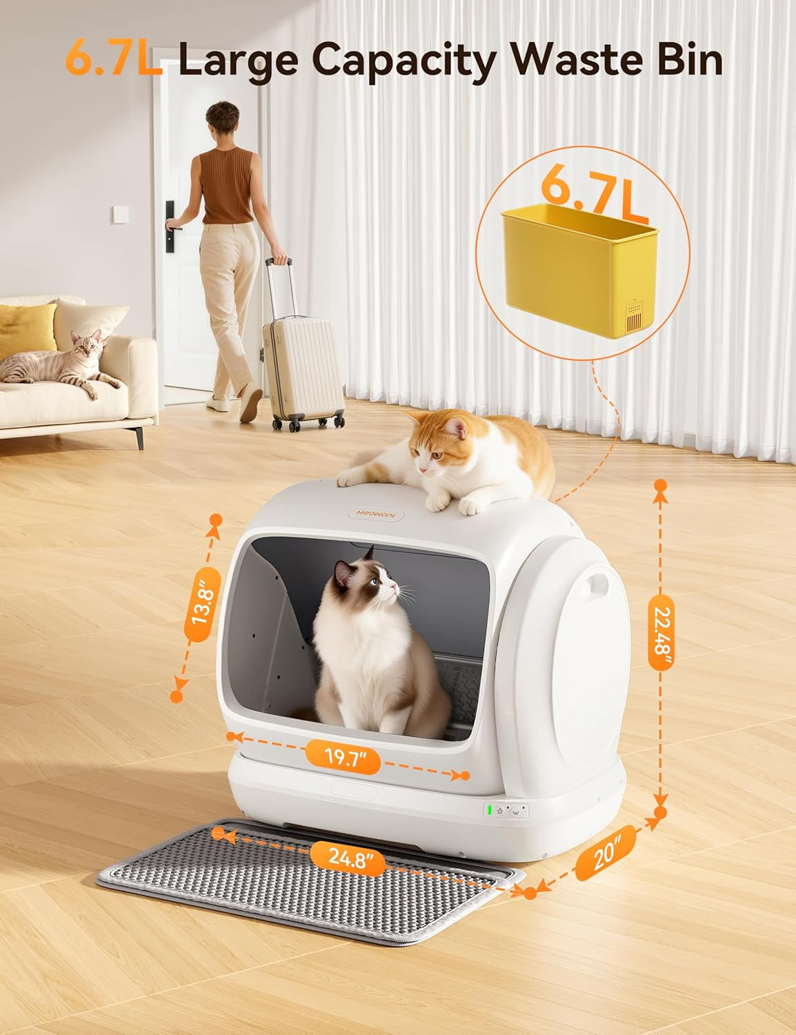 Meowant Self-Cleaning Cat Litter Box, 106L Extra-Large Space Low Entrance Automatic Cat Litter Box Perfect for Multiple Cats, Safety Sensor, Anti-Pinch, APP Control, Odor Free with Mat & Liner