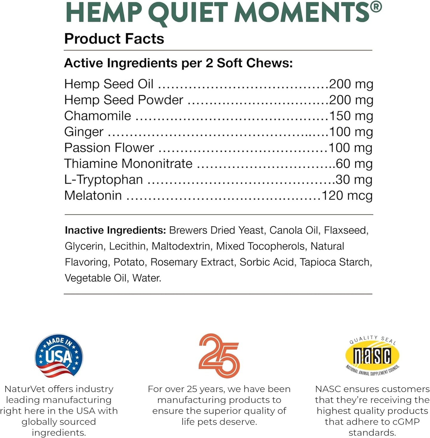 Naturvet Quiet Moments Calming Aid Dog Supplement, Helps Promote Relaxation, Reduce Stress, Storm Anxiety, Motion Sickness for Dogs (Quiet Moments plus Hemp, 180 Soft Chews)