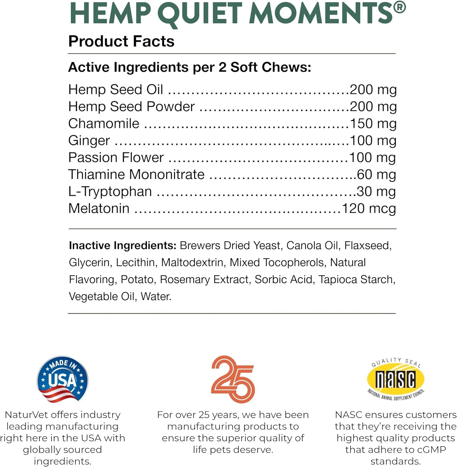 Naturvet Quiet Moments Calming Aid Dog Supplement, Helps Promote Relaxation, Reduce Stress, Storm Anxiety, Motion Sickness for Dogs (Quiet Moments plus Hemp, 180 Soft Chews)