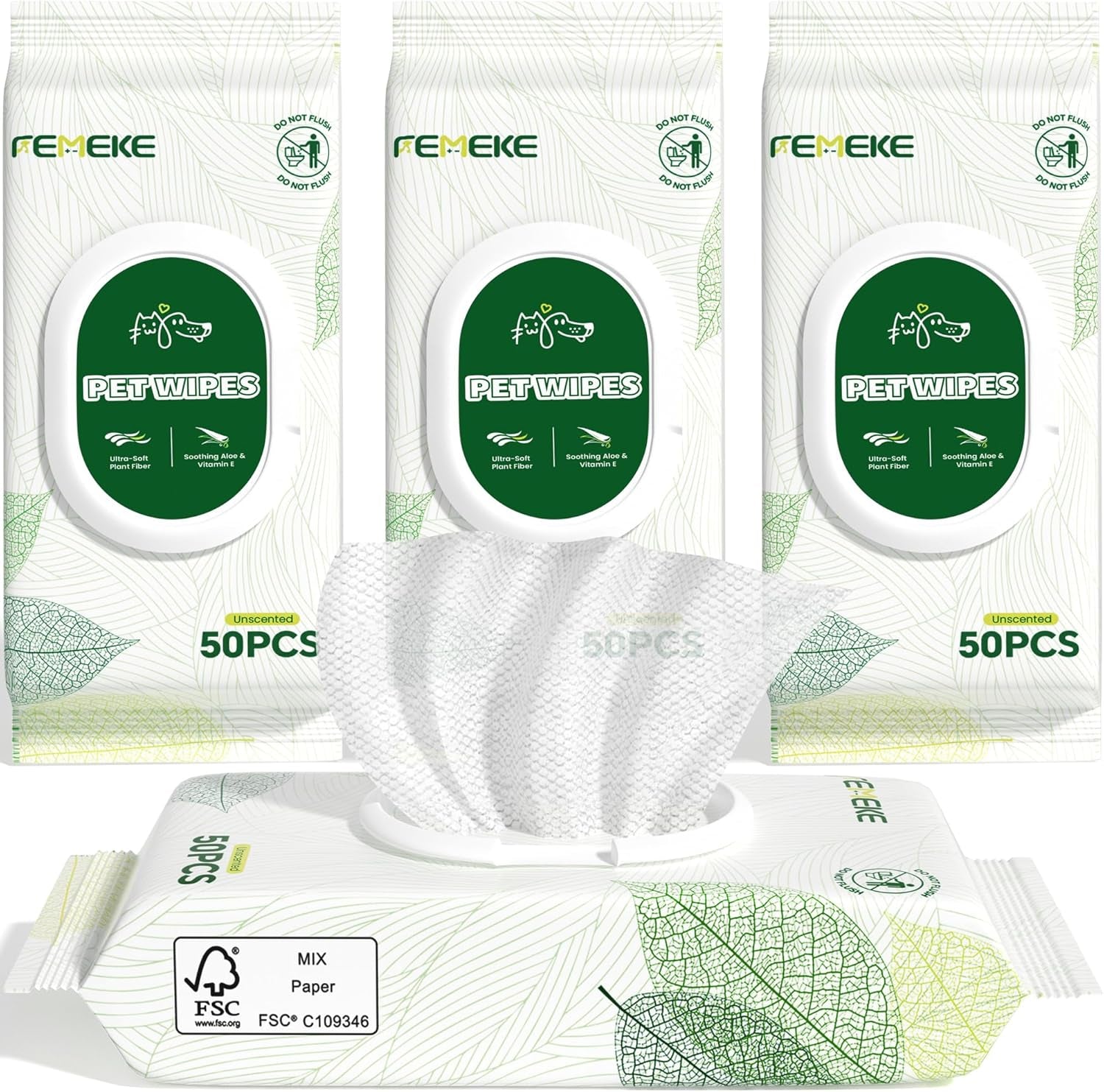 Unscented Dog Wipes & Cat Wipes (4X50 Packs) | Hypoallergenic, Ph Balanced for Paws, Body, Eyes & Ears Grooming |All-Natural Plant Fiber Wipes with Aloe & Vitamin E | Pearl Texture