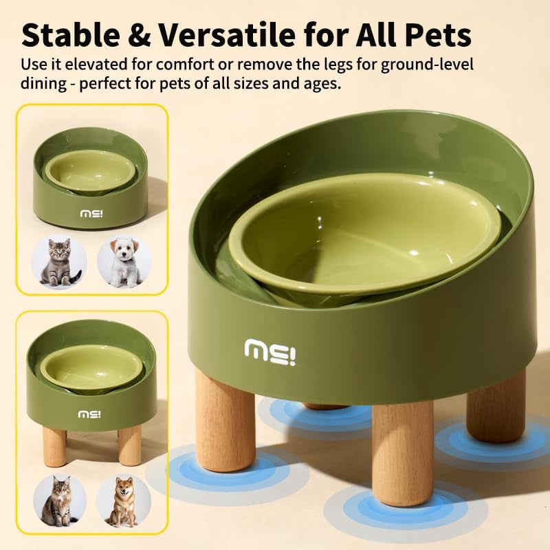 Ceramic Elevated Cat Bowls, Adjustable Raised Double Bowls Set, Pet Bowl with anti Slip Rubber Pad, Leak-Proof, Stress Neck Free Food & Water Bowls for Small Dogs Geen