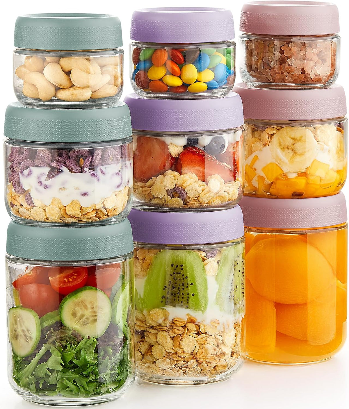 9 Pack Overnight Oats Containers with Lids, Large & Small Glass Mason Jars 16Oz & 10Oz & 4Oz, Glass Jars with Airtight Lids, Salad Meal Prep Jars for Food Storage, Overnight Oats Jars for Milk, Fruit