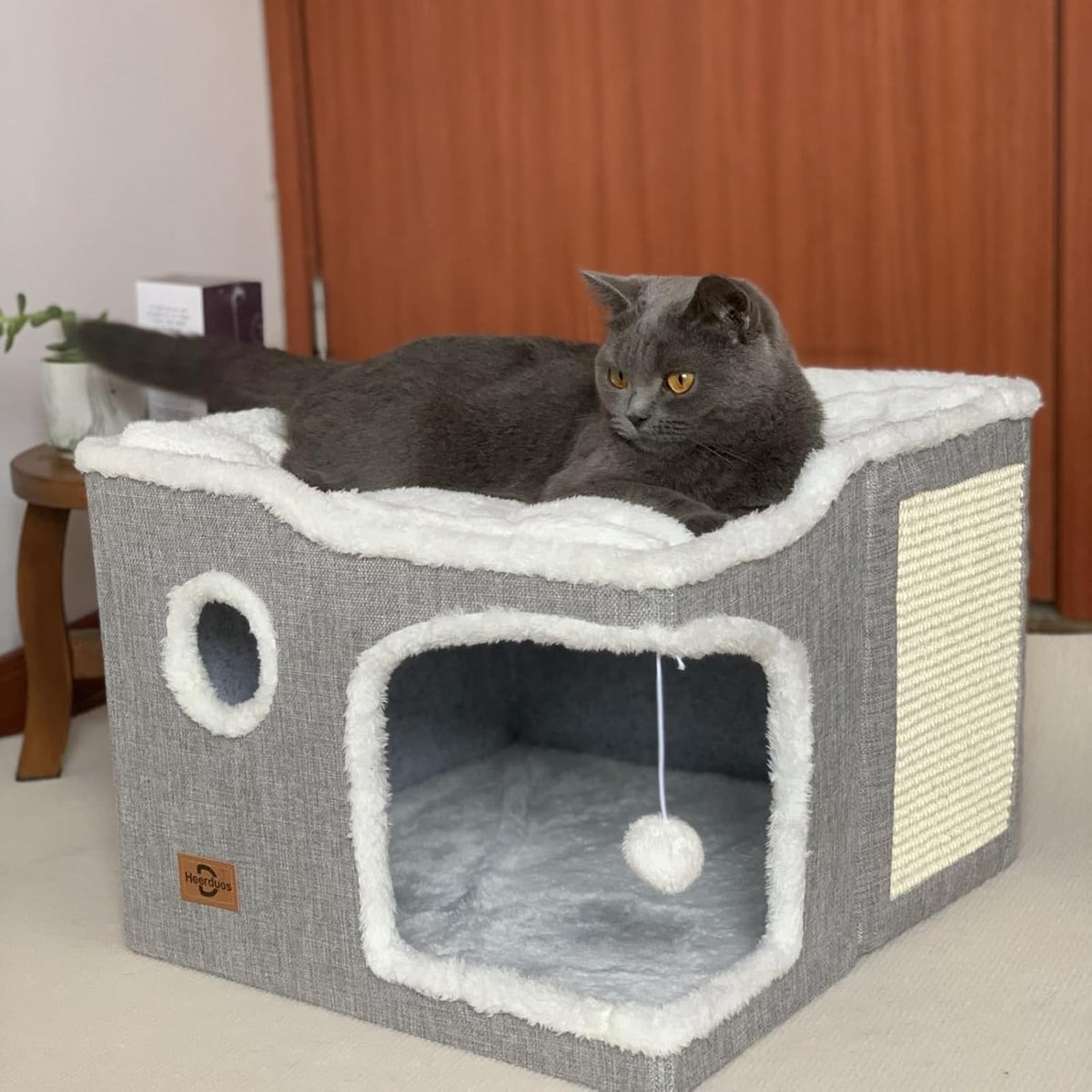 Cat House Bed for Indoor Cats with Fluffy Ball and Scratch Pad,Light Grey