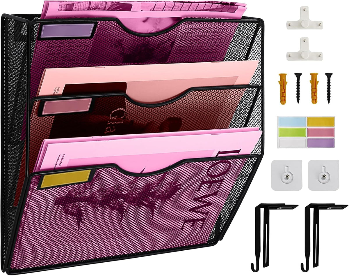 3 Pockets Mesh Wall File Holder Organizer Office Hanging File Folder Magazine Rack, Nametag Label Hooks Set Included (Black)