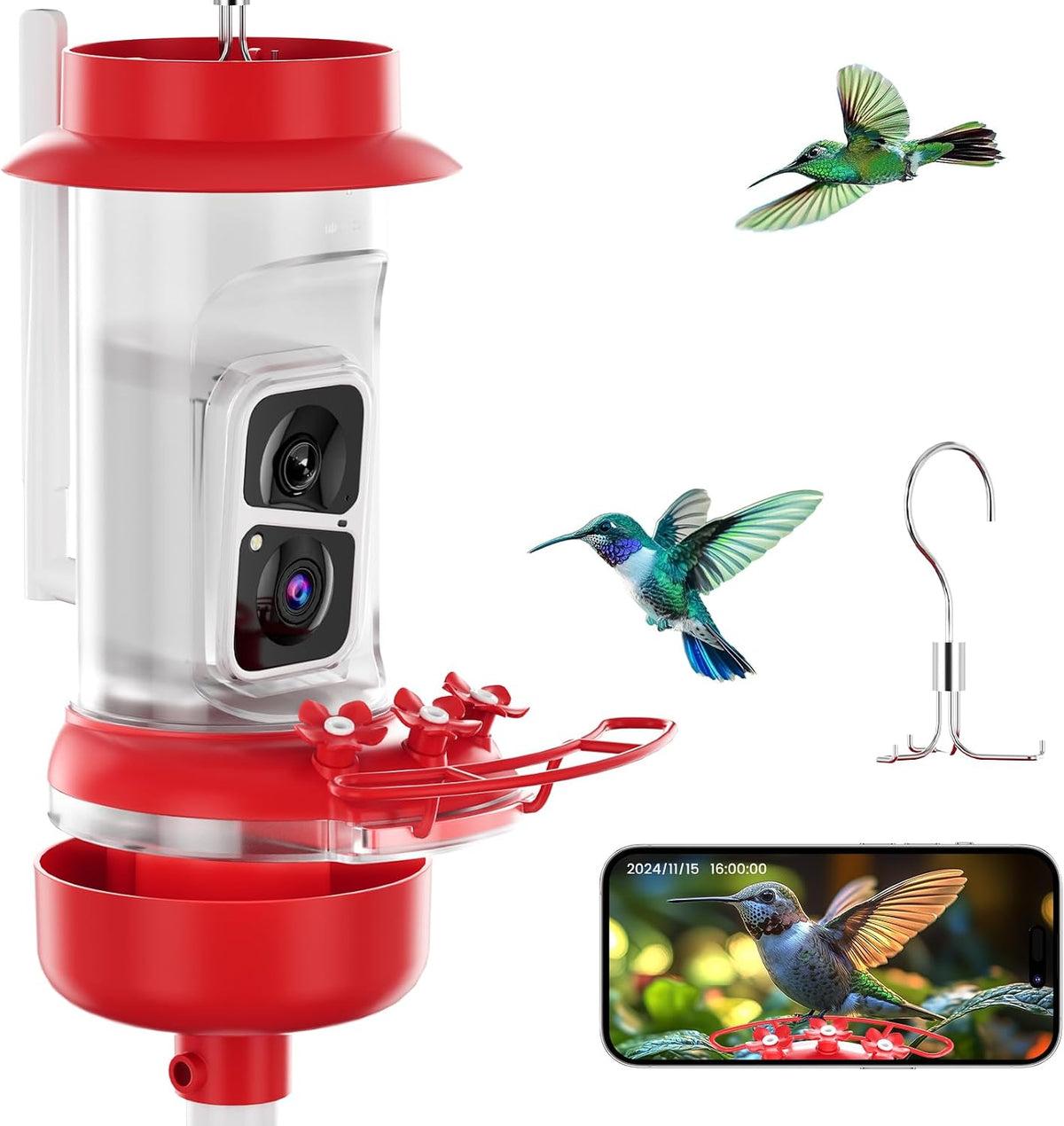 SOLIOM Hummingbird Feeder with Camera for Outdoors, 2K Live View,Leak Proof