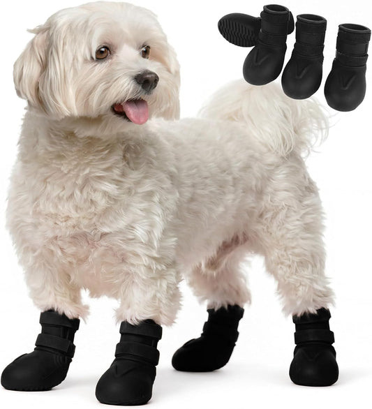 Dog Rain Boots Waterproof, 4PCS Dogs Shoes Non Slip Dog Boots & Paw Protectors, Easy on Rubber Doggie Booties Pet Shoes for Hot Pavement Snow Rain, Dog Rainboots for Small Medium Large Dogs, Black S