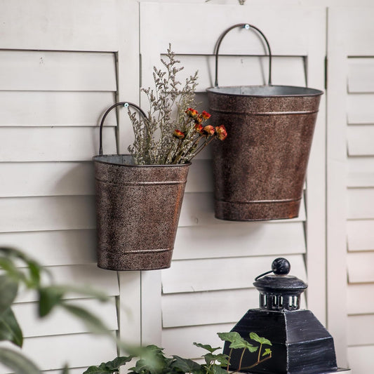 SOFE Set of 2 Vintage Oval Galvanized Wall Planter Basket - Decorative Hanging Wall Flower Pot - Farmhouse Garden Metal Wall Vase for Country Home Living Room