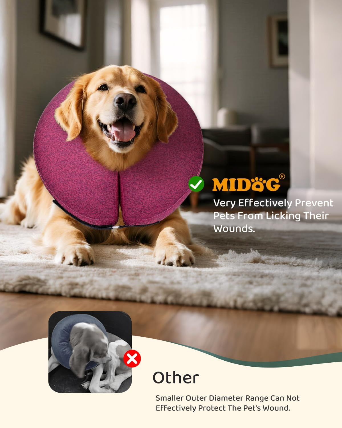 MIDOG Inflatable Dog Cone Collar – Soft Dog Cone Alternative after Surgery, Comfortable Recovery Neck Donut Ecollar for Small Medium & Large Dogs and Cats to Stop Licking & Vision-Friendly (Rose,L)