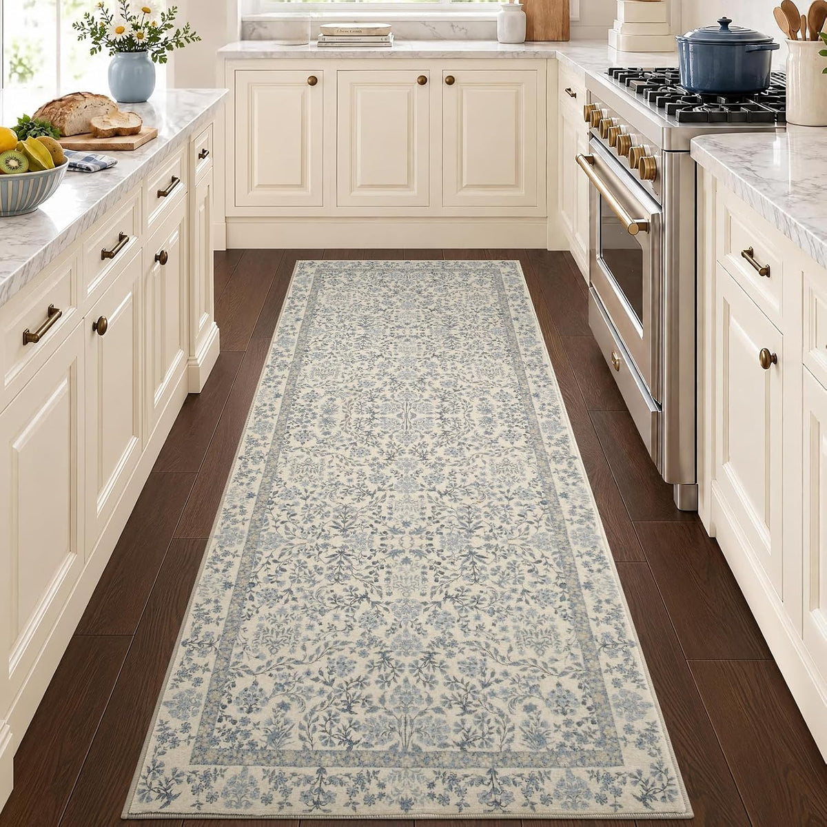 Jinchan 2X6 Washable Hallway Runner Rug, Floral Non-Slip, Blue/Cream