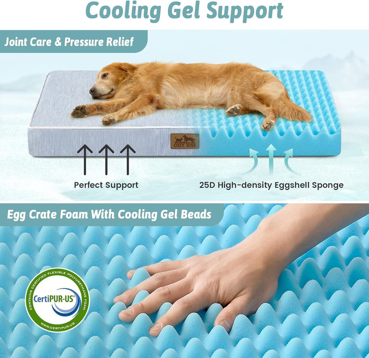COZY KISS Cooling Orthopedic Dog Bed, Q-Max>0.5, Waterproof Lining, 44X32In