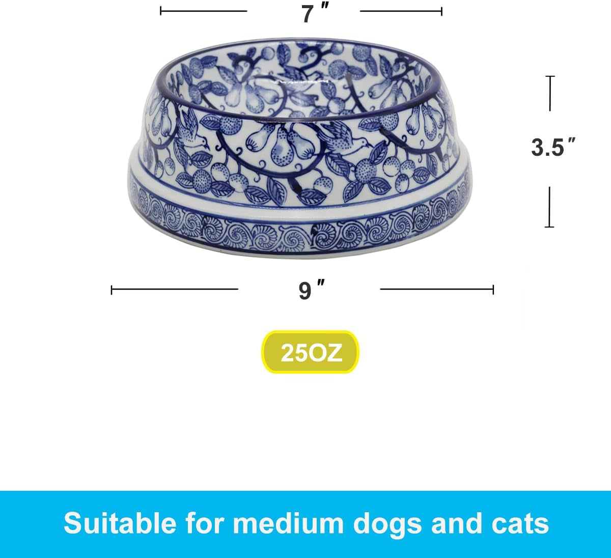 Aimusego Blue and White Vintage Ceramic Dog Bowl for Pet Owners, Anti-Skid Base Medium Large Water and Food Pet Cat Dish-9Inch