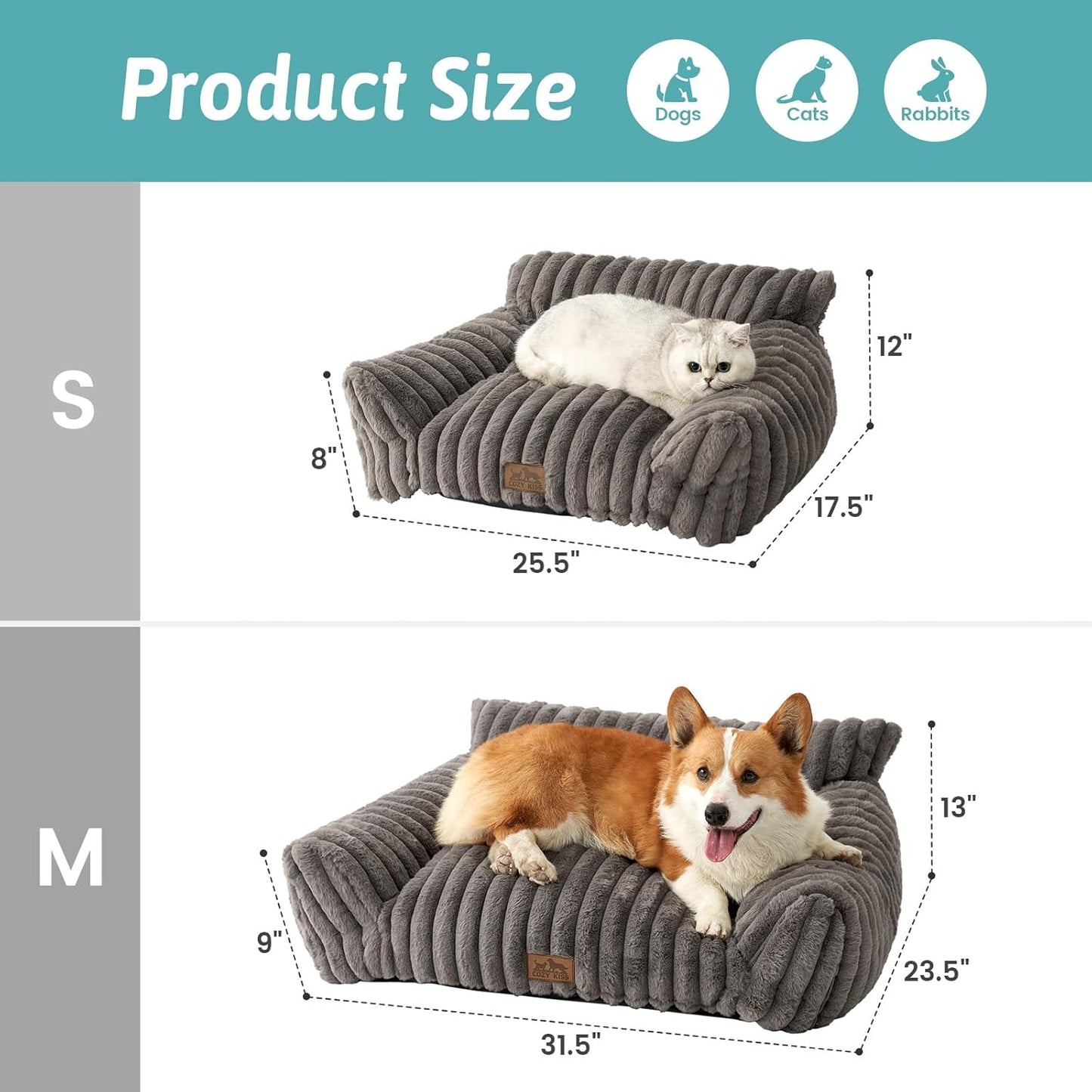 COZY KISS Cute Cat Couch, Fluffy Sofa Bed for Cats and Small Dogs, Premium Faux Rabbit Fur Cats Beds for Indoor Cat, Ultra-Soft Supportive Pet Couch Furniture (Grey, M: 31.5''X23.5'')