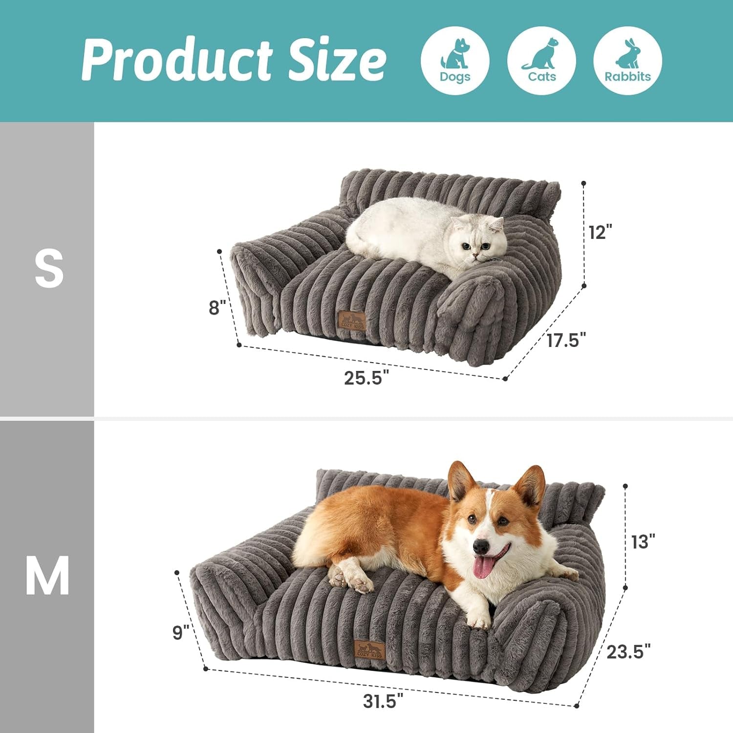 COZY KISS Cute Cat Couch, Fluffy Sofa Bed for Cats and Small Dogs, Premium Faux Rabbit Fur Cats Beds for Indoor Cat, Ultra-Soft Supportive Pet Couch Furniture (Grey, M: 31.5''X23.5'')