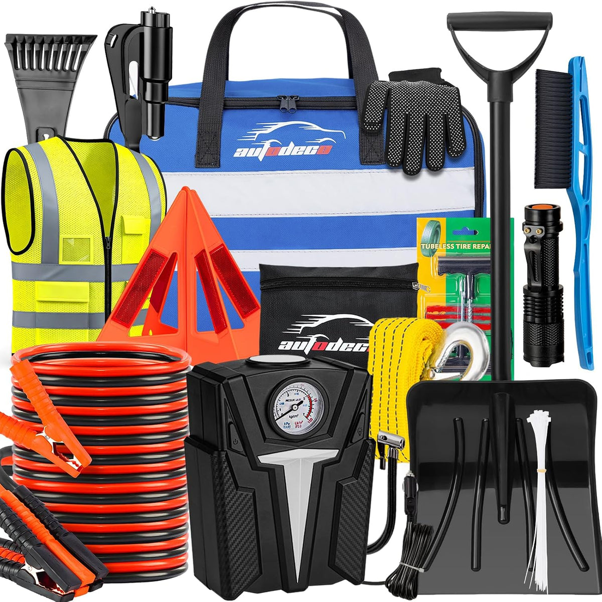 Roadside Emergency Car Kit Winter Road Trip Assistance Vehicle Safety Kit with Air Comperss, Detachable Snow Shovel, Jumper Cables, Tow Strap