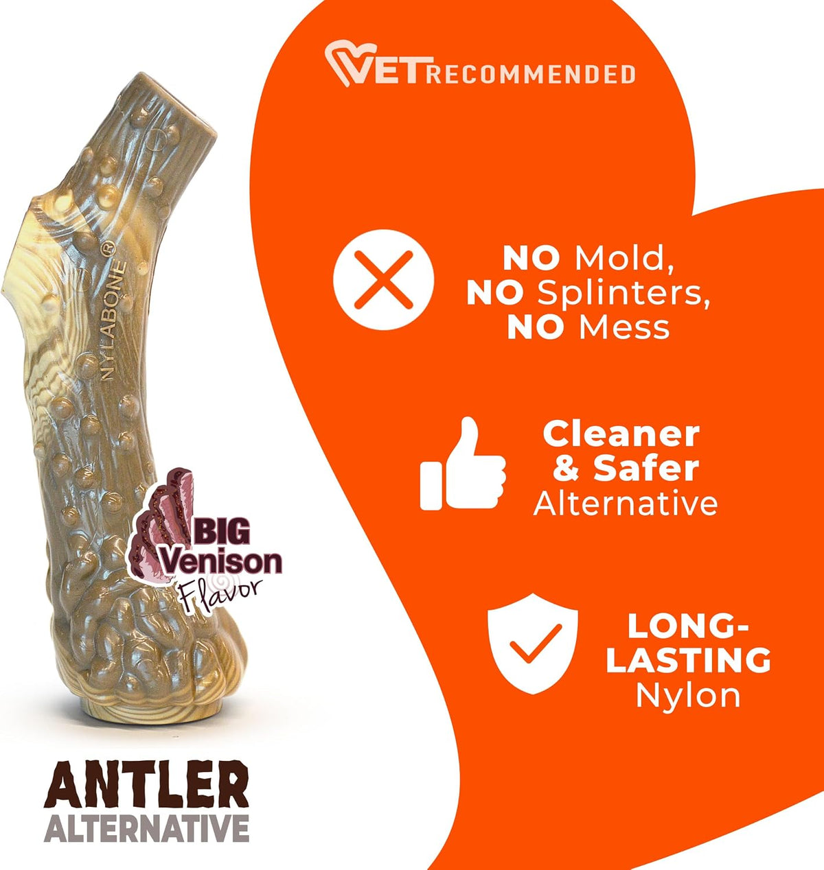 Nylabone Power Chew Antler Alternative Nylon Chew Toy for Dogs, Dog Toys for Aggressive Chewers, Venison Flavor, Medium/Wolf (1 Count)