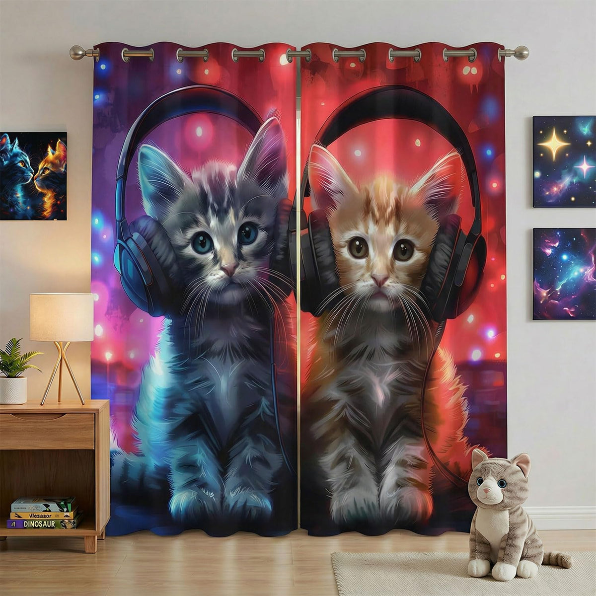 Cute Cat Curtains for Bedroom, Funny Kitty Print Blackout Window Curtains for Living Room, Thermal Insulated Drapes for Girls Boys Kids Nursery Kitchen, Gifts for Cat Lovers, 42X45 Inch