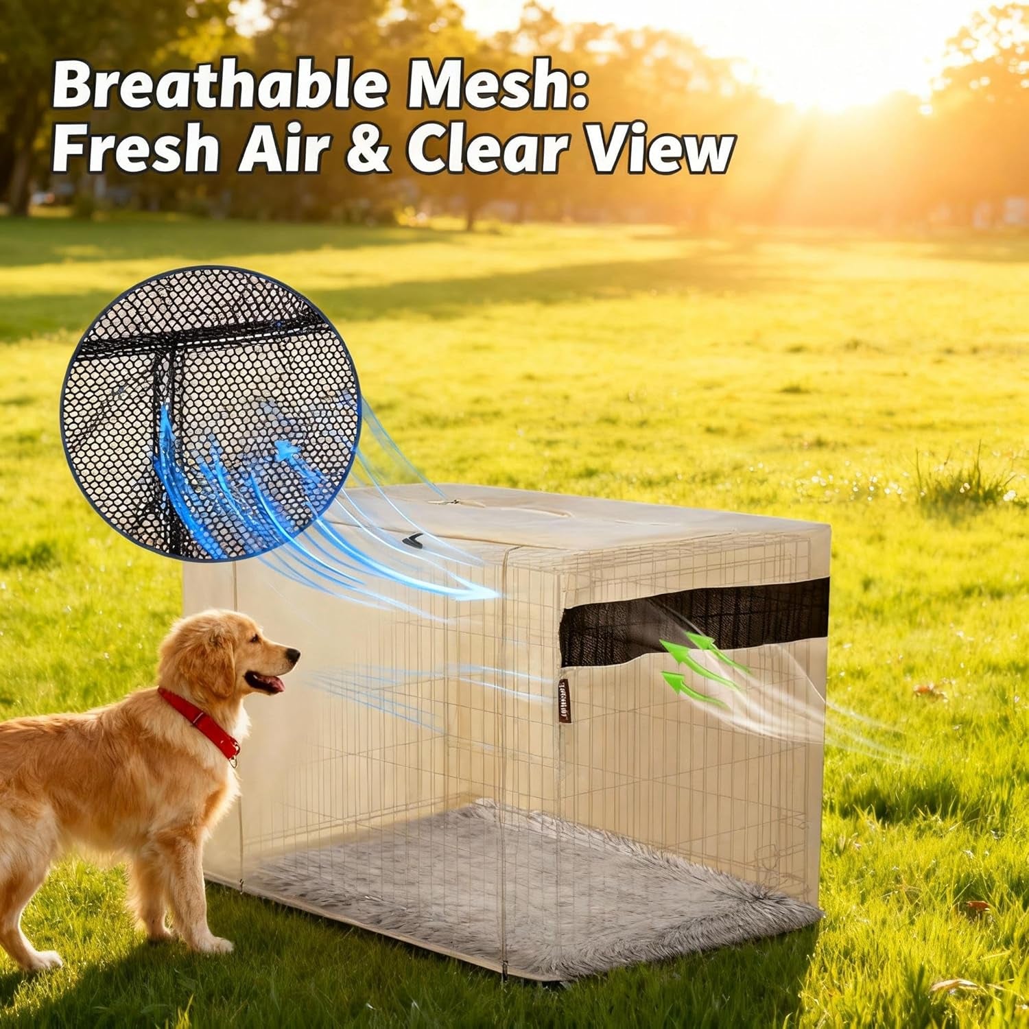 Hicaptain Dog Crate Cover 36.0" L X 23.0" W X 25.0" H with Breathable Mesh, Heavy Duty Kennel Cover, Dual Zippered Panels, Windproof Waterproof(Beige)