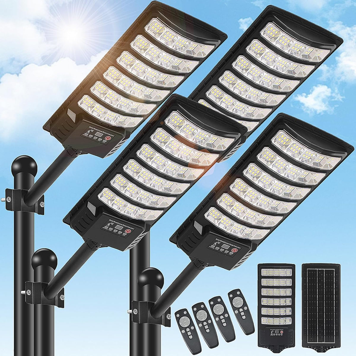 Brightwe 4 Pack Solar Street Light Outdoor 30000LM 6500K Waterproof Motion Sensor LED Solar Powered Flood Light with Remote Control Dusk to Dawn Commercial Area Lighting for outside Parking Lot
