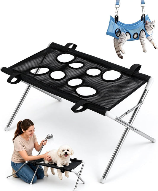 Dog Grooming Hammock Stand, Foldable Dog Bath Holder Sling Shower Chair，Foldable Pet Bathing Stand Hammock（Black）