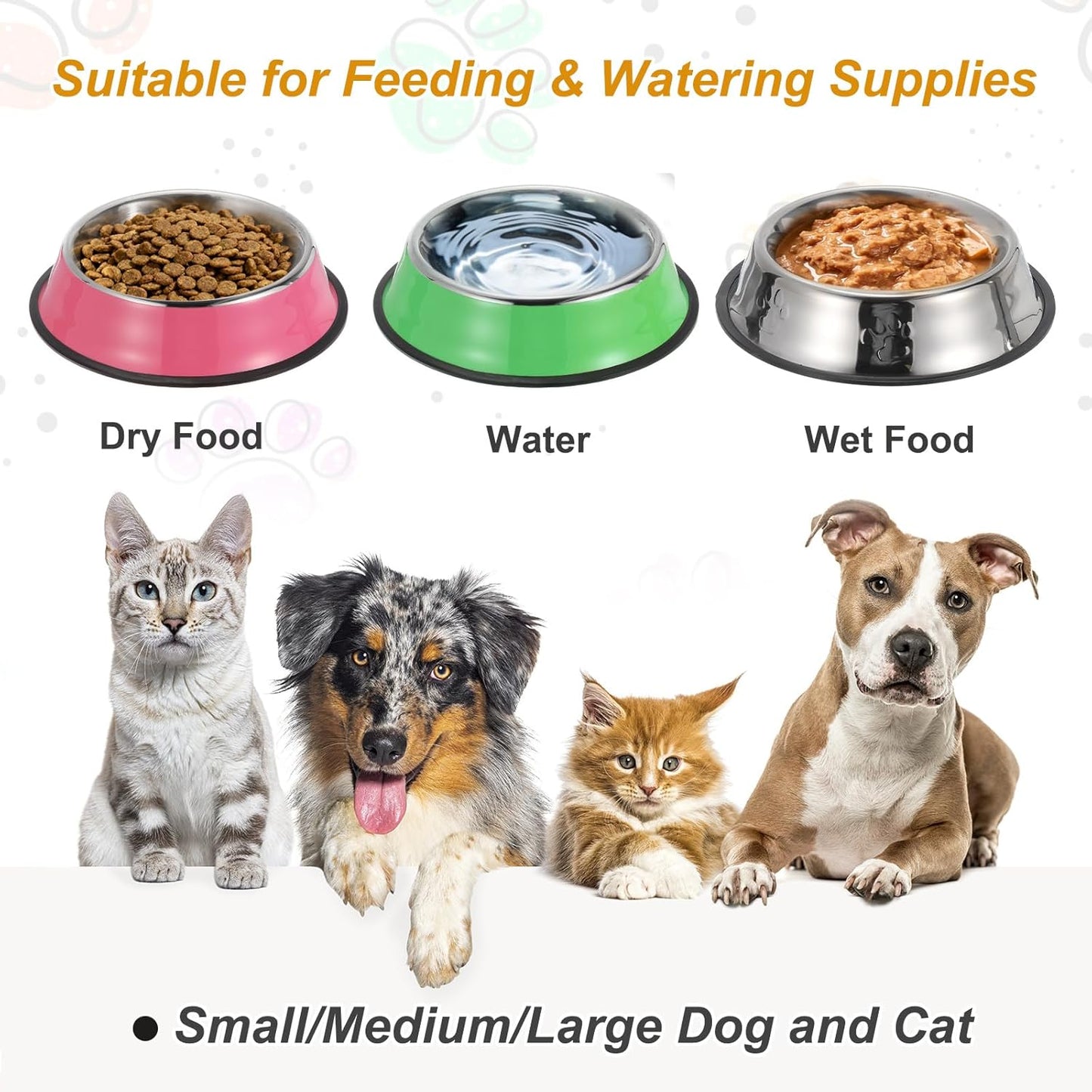 Stainless Steel Dog Bowl, Dog Food and Water Bowl with Silicone Base Anti-Slip Quiet Bottom Pet Feeding Dish,(54.1Oz, Mix Color, 3Pcs), Intended for Small/Medium/Large Puppies/Cat