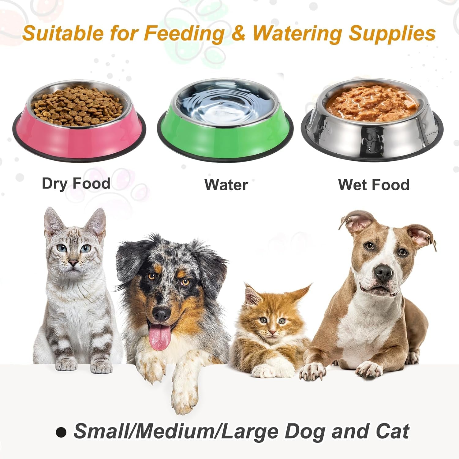 Stainless Steel Dog Bowl, Dog Food and Water Bowl with Silicone Base Anti-Slip Quiet Bottom Pet Feeding Dish,(54.1Oz, Mix Color, 3Pcs), Intended for Small/Medium/Large Puppies/Cat
