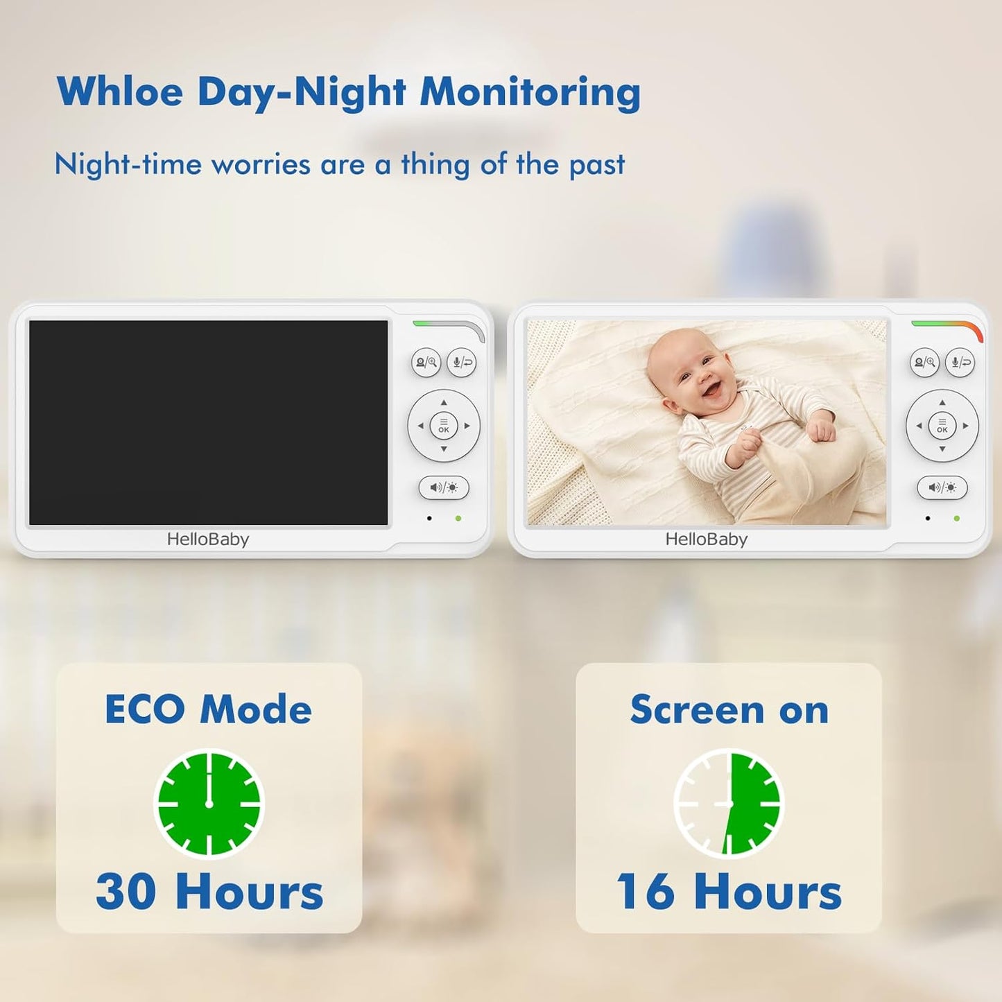 Hellobaby Baby Monitor 6" World First IPS Screen 30H Battery, Secure No Wifi, Pan Tilt Video Camera with Night Vision, VOX, 2-Way Talk, 1000Ft, Portable Video Audio Monitor Ideal for Mom, Elderly, Pet