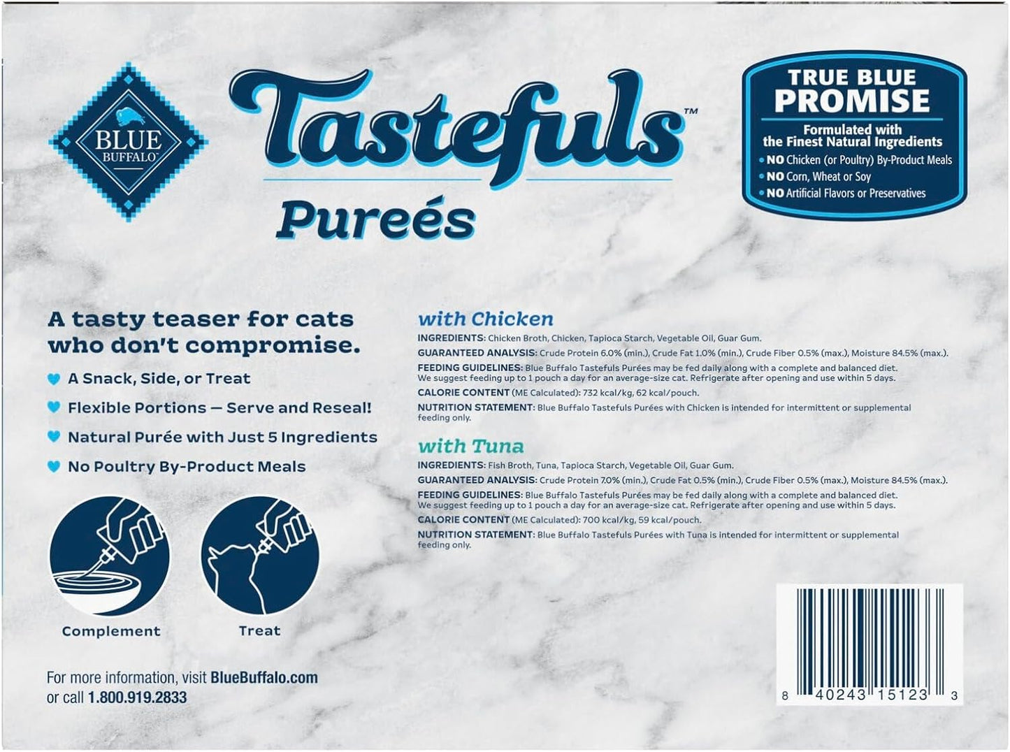 Blue Buffalo Tastefuls Purées Variety Pack, Natural Cat Food Complement, Resealable Twist Cap Pouches, Chicken and Tuna, 3-Oz (12 Count, 6 of Each Flavor)
