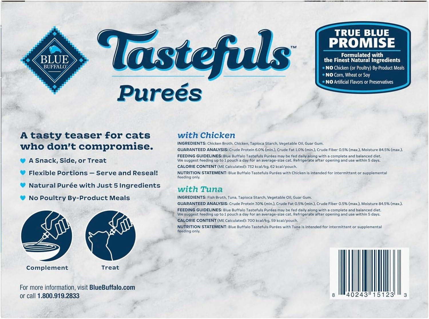Blue Buffalo Tastefuls Purées Variety Pack, Natural Cat Food Complement, Resealable Twist Cap Pouches, Chicken and Tuna, 3-Oz (12 Count, 6 of Each Flavor)