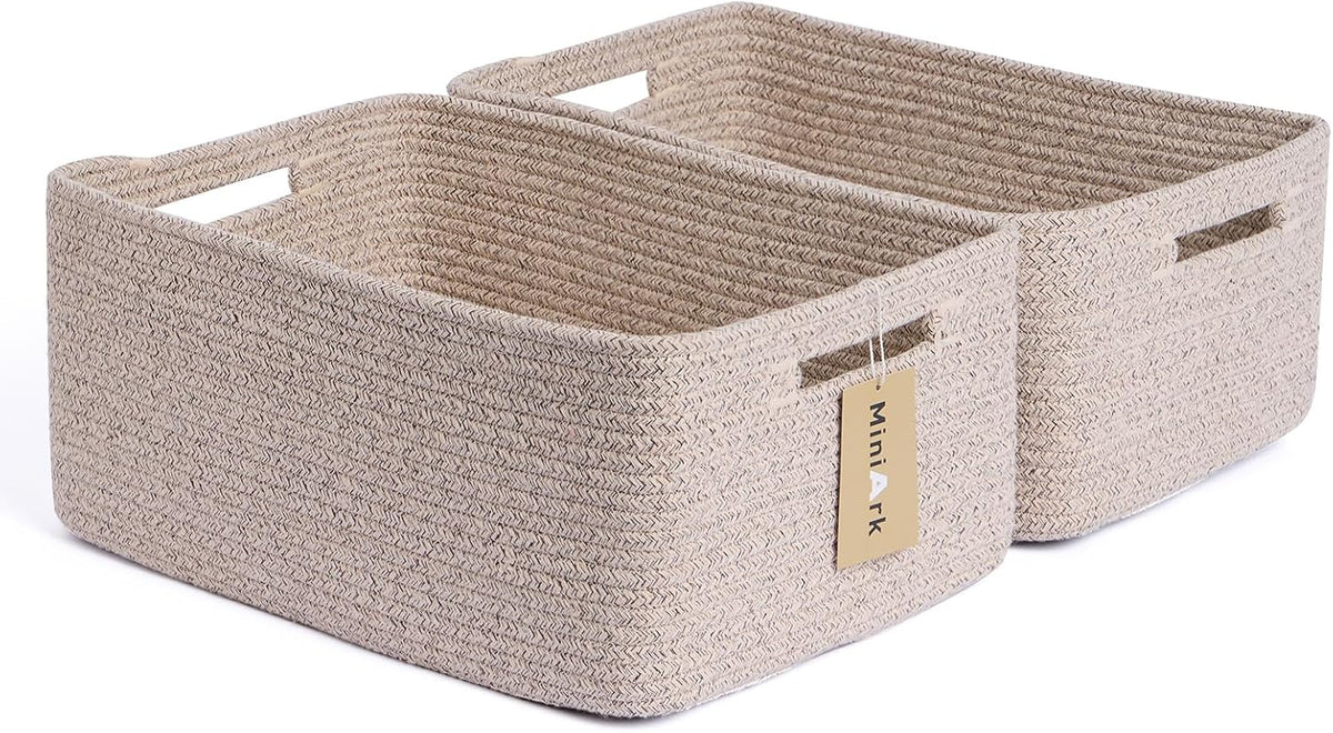 Miniark Large Storage Baskets for Shelves, 17 X 13 X 7.5” Closet Organizers Bins for Clothes Blanket Towels, Baby Nursery, Toy Baskets Box, Woven Rope Baskets, 2 Packs Mixed Brown