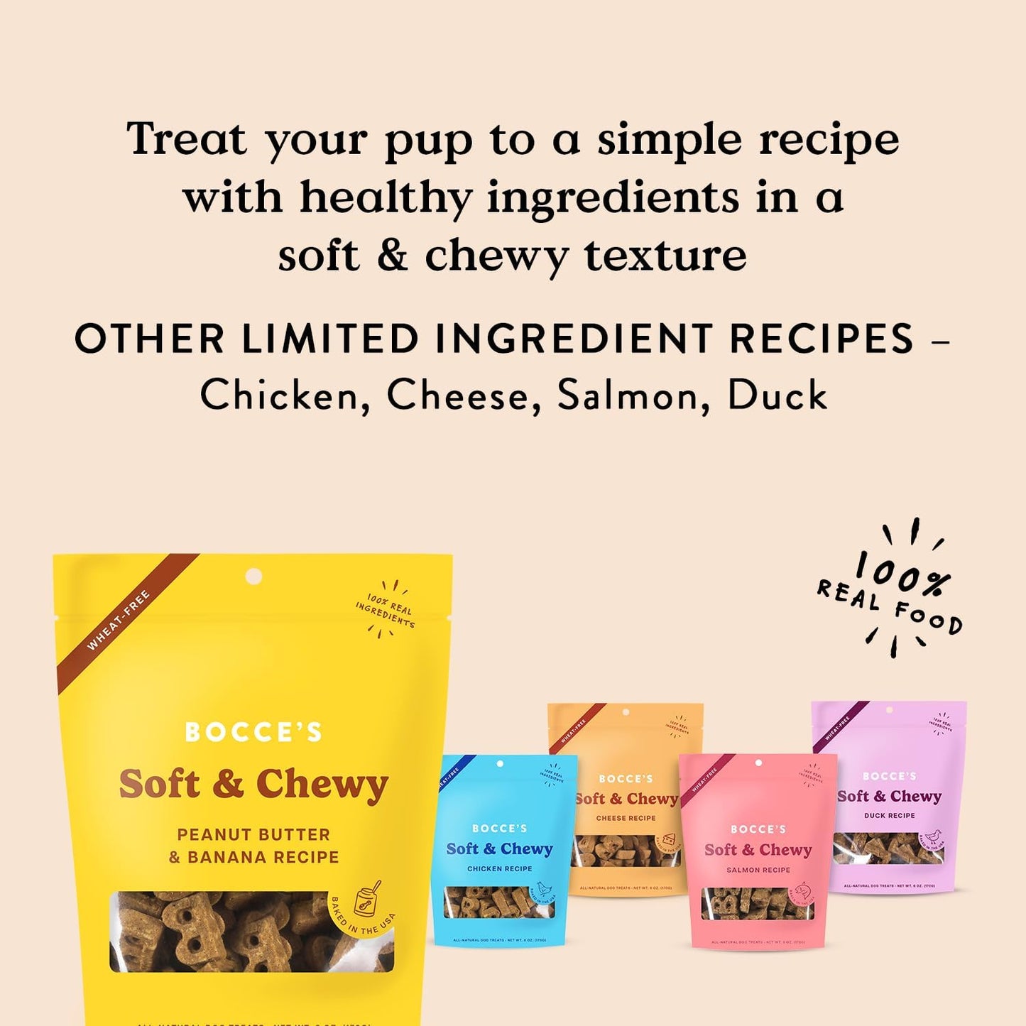 Bocce'S Bakery Oven Baked PB & Banana Recipe Treats for Dogs, Wheat-Free Everyday Dog Treats, Real Ingredients, Baked in the USA, Natural Soft & Chewy Cookies, Peanut Butter & Banana, 6 Oz
