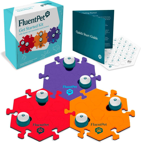 Fluentpet Speak Up! Get Started Kit with Clearer Upward-Facing Sound | 6 Recordable Buttons W/Pre-Installed Batteries & 3 Hextile Button Mats | Training Dog & Cat Communication Buttons