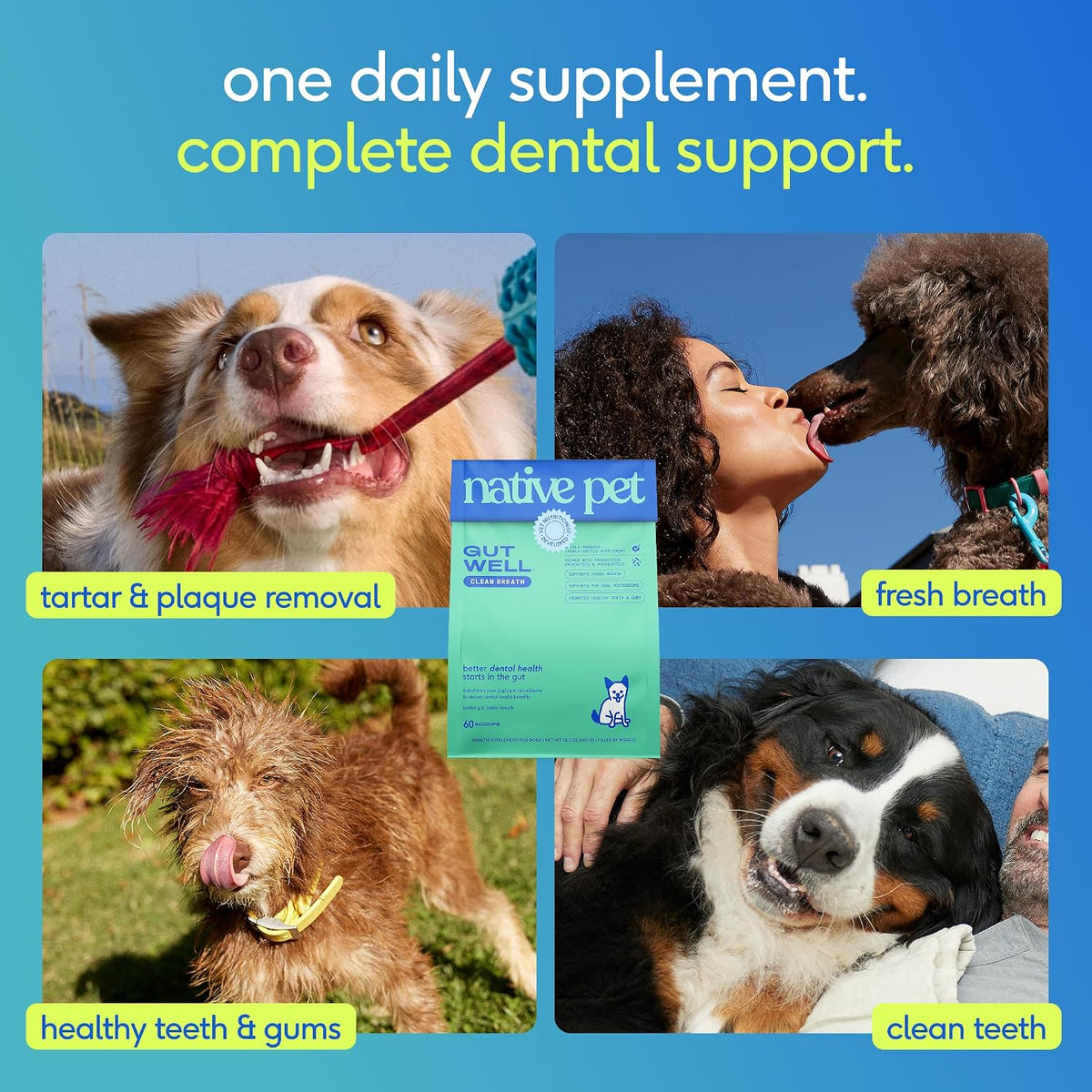 Native Pet Clean Breath Dog Dental Care - Teeth Cleaning for Fresh Breath, Clean Teeth & Healthy Gums - Tartar and Plaque Remover - Dog Breath Freshener - 60 Scoops