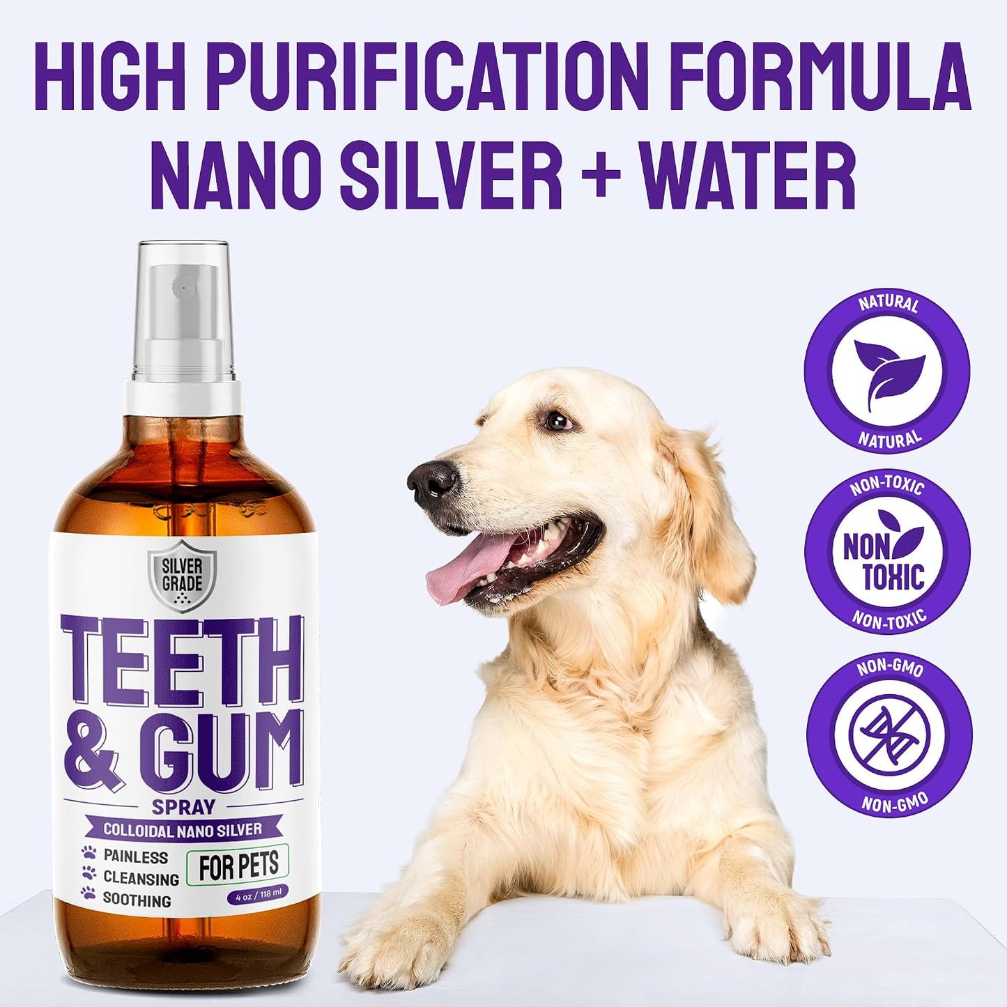SILVER GRADE Teeth & Gum Dog Breath Spray for Pets Mouth – Cat Dental Care with Silver – Dog Breath Freshener Helps with Tartar & Caries – Plaque Remover for Daily Use – 4 Oz
