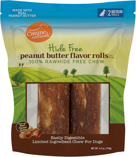 Canine Naturals Peanut Butter Chew - 100% Rawhide Free Dog Treats - Made with Real Peanut Butter - All-Natural and Easily Digestible - 2 Pack of 4 Inch Medium Rolls for Dogs 20-50Lb